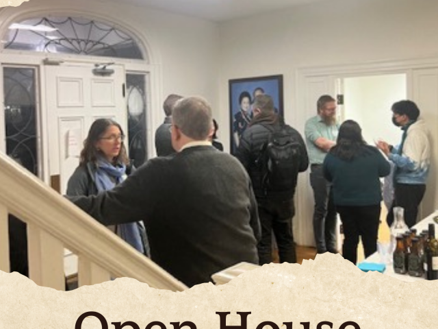 poster in tan with photo of people chatting in a lobby