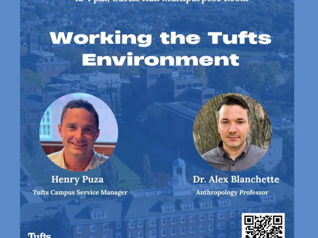 blue poster with image of Medford skyline and profile photos of Henry Puza and Alex blanchette