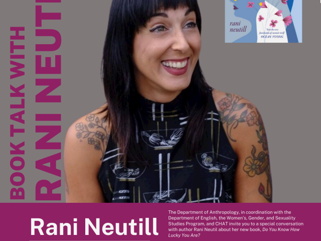 poster with profile picture of Rani Neutill on top, with book cover in right corner, and pink box on bottom with text in white