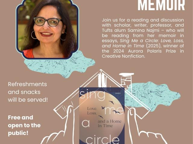 brown poster with picture of book cover and author face on brown background and white text