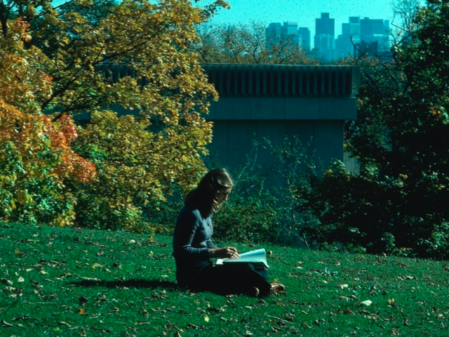 woman sitting on grass reading a book, with trees and cityscape in the background