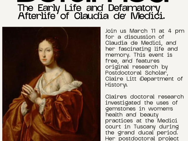 a picture of Claudia de' Medici on left, text on right on a white background
