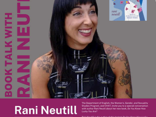 poster featuring Rani Neutill and a photo of her book on top, a purple box with event details on bottom