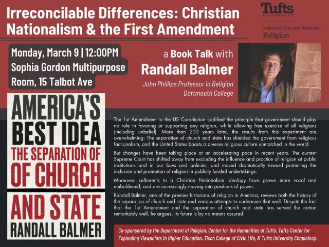 poster with red background and white text, the book cover, and a photo of Randal Ballmer