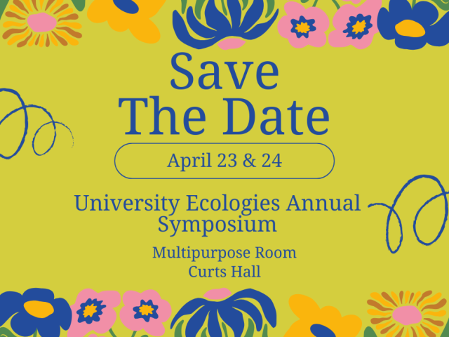 yellow poster with blue and pink flowers and text in blue