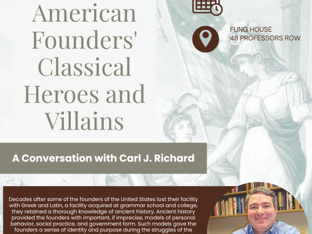 poster with book cover in background, and text in white in brown boxes