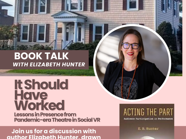 flyer with picture of fung house on top, elizabeth hunter in the middle, and book on bottom with text in brown and white on a pink background