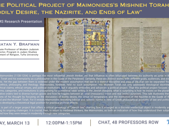 poster with ancient text image on right, and blue text boxes on top and bottom