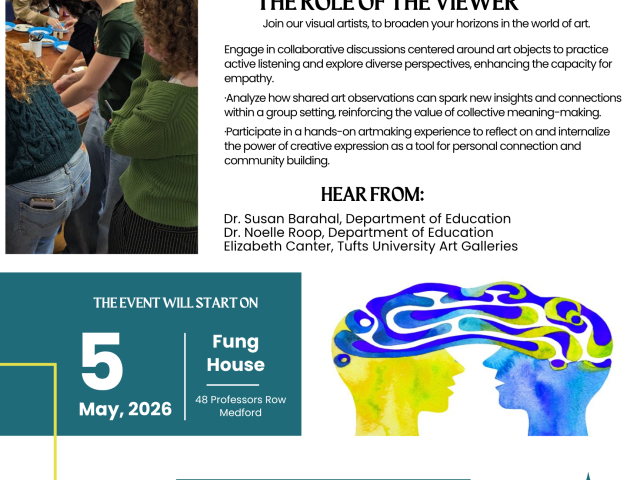 poster with photo of students on left, abstact sillhouettes in middle, and blocks of blue with text in black