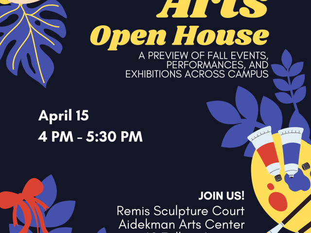 dark blue poster with images of ballet shoes, instruments and paint in light colors with text in yellow