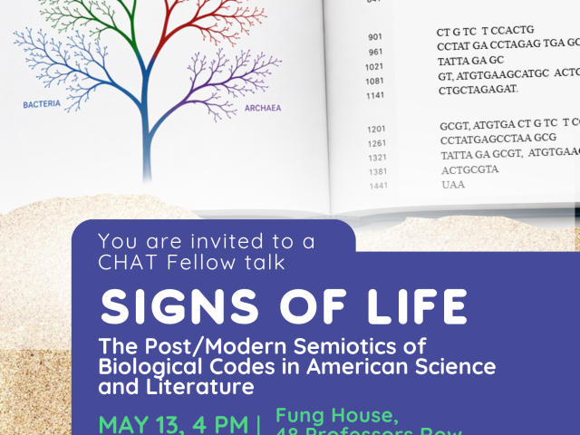 poster with picture of book of life on top, and sand on the bottom with text in purple box