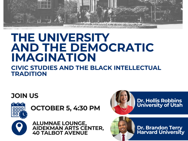 poster with tufts campus on top, and blue text on white background below and pictures of the three speakers on right