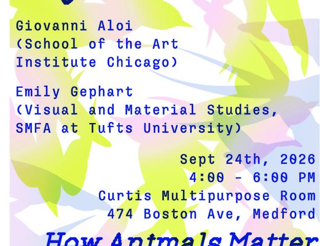 poster with text in blue and abstract yellow and pink background