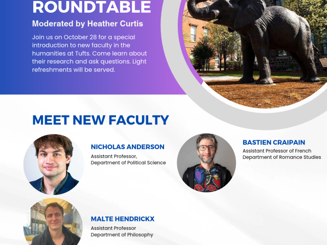 poster featuring picture of elephant on top, and photos of new faculty in middle. Text is in purple boxes at top and bottom