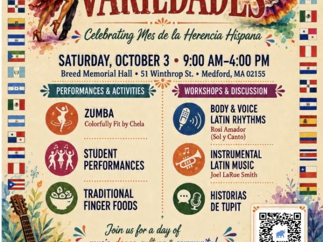 poster featuring dancers on top, and musical instruments on the bottom, and graphical images in red, yellow and blue