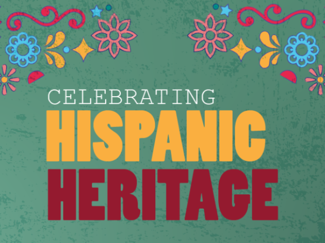 spanish flower motif in yellow, red and blue with red and yellow text in the middle