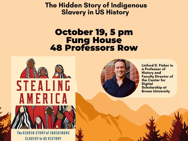 poster with image of mountains and trees, with book picture and image of Lin fisher in middle