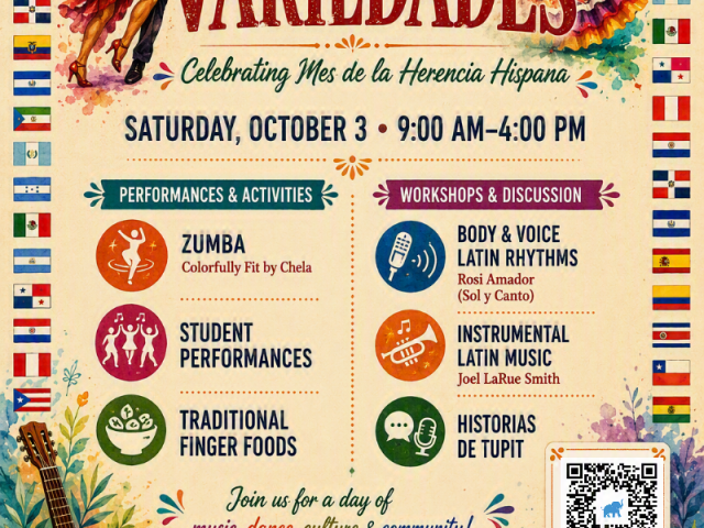 poster with flags along sides, dancers in background and musical instruments with text in many colors in middle