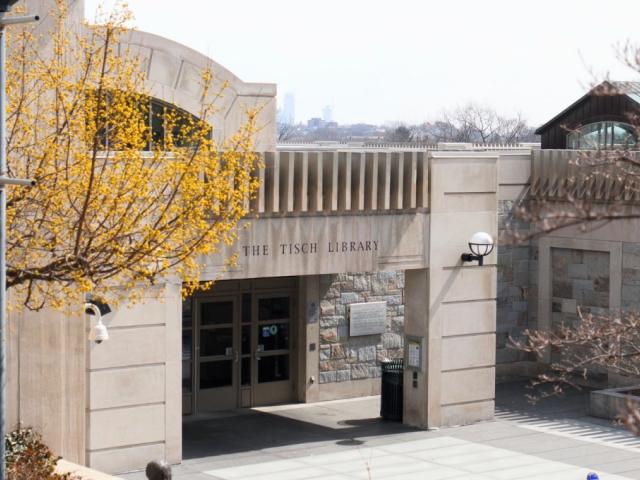 exterior photo of entrance to Tisch Library