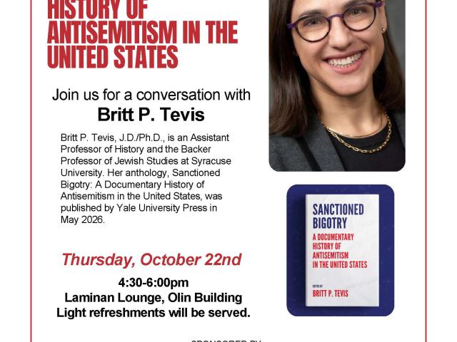 poster with photo of author and book on right, text in blue, red, and black on left