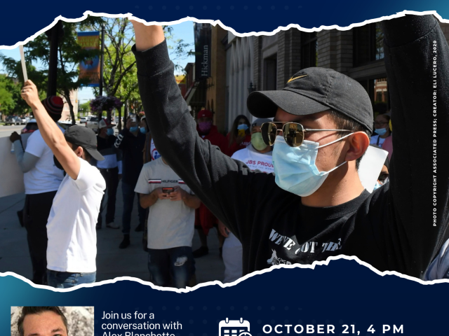 poster with white text on blue background, and picture of protesters in the middle
