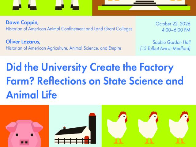 poster with picture of animals and factories on top and bottom and text in a white strip in middle