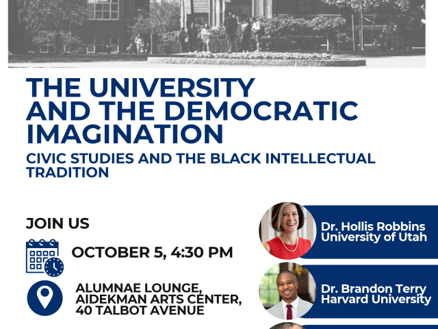 flyer featuring tufts photo on top, with blue text boxes and photos of speakers on right